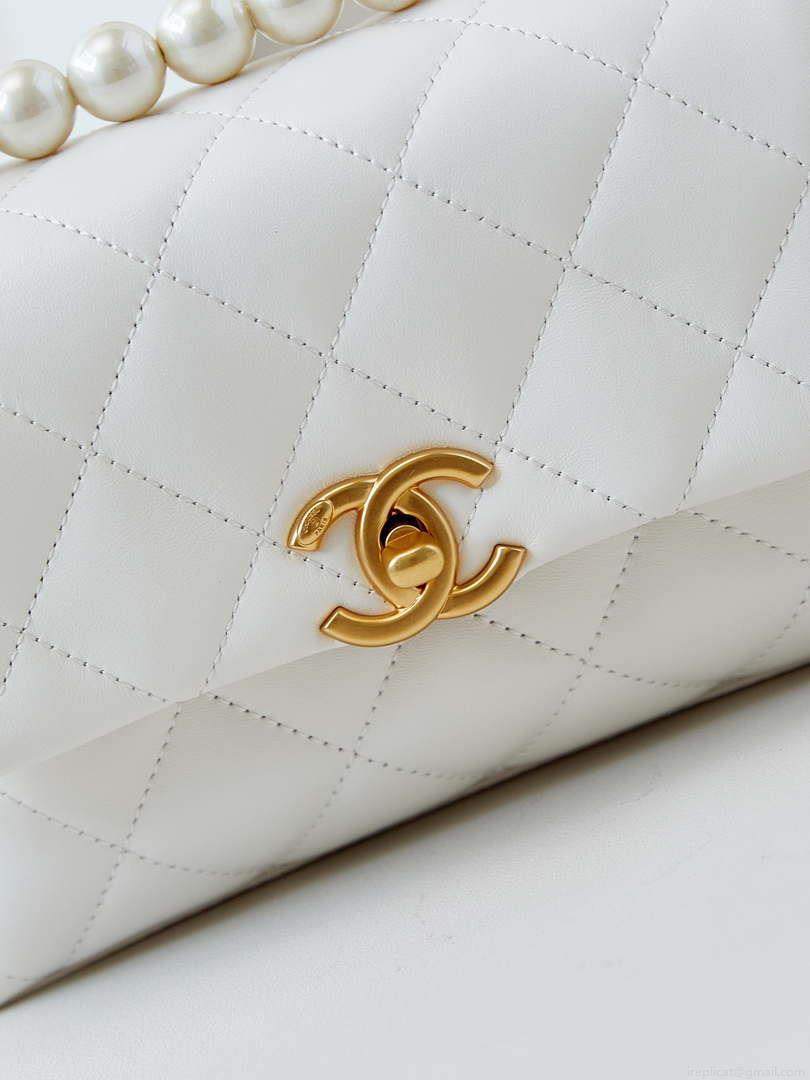 Chanel AS5001 Mini Flap Bag with top Handle Shiny Lambskin Imitation Pearls & Gold-Tone Metal White