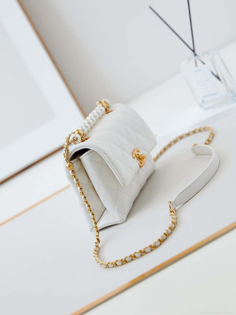 Chanel AS5001 Mini Flap Bag with top Handle Shiny Lambskin Imitation Pearls & Gold-Tone Metal White