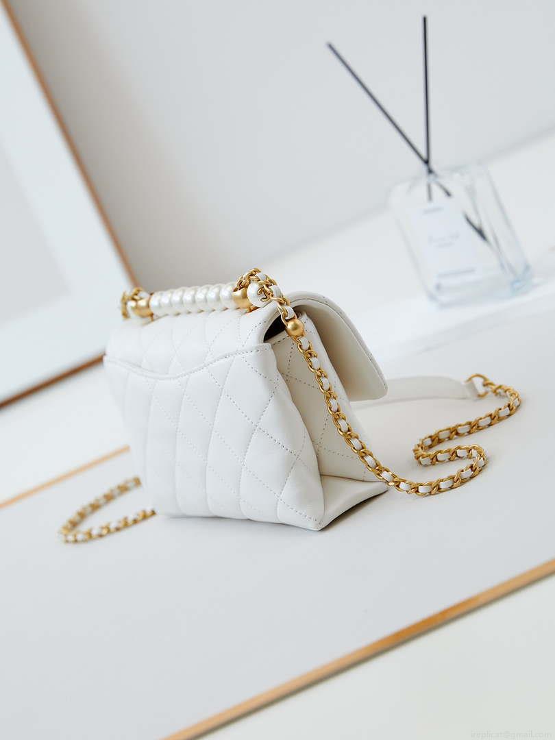 Chanel AS5001 Mini Flap Bag with top Handle Shiny Lambskin Imitation Pearls & Gold-Tone Metal White