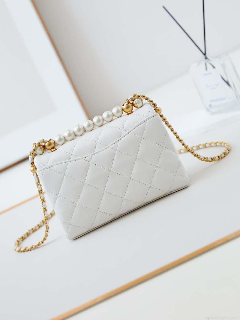 Chanel AS5001 Mini Flap Bag with top Handle Shiny Lambskin Imitation Pearls & Gold-Tone Metal White