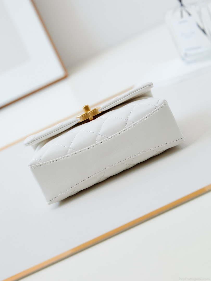 Chanel AS5001 Mini Flap Bag with top Handle Shiny Lambskin Imitation Pearls & Gold-Tone Metal White