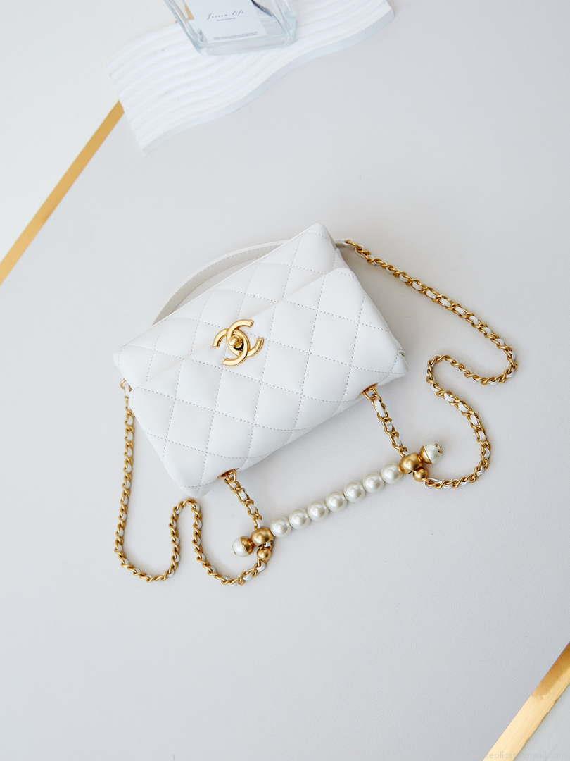 Chanel AS5001 Mini Flap Bag with top Handle Shiny Lambskin Imitation Pearls & Gold-Tone Metal White