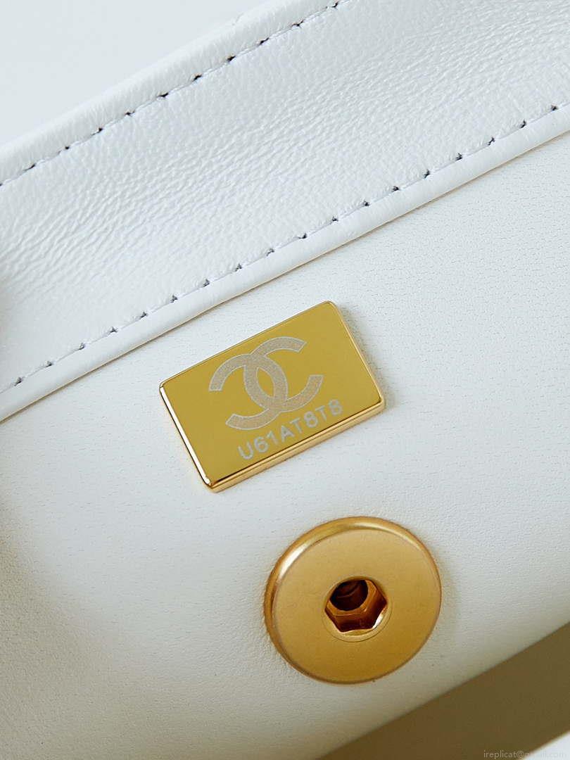 Chanel AS5001 Mini Flap Bag with top Handle Shiny Lambskin Imitation Pearls & Gold-Tone Metal White