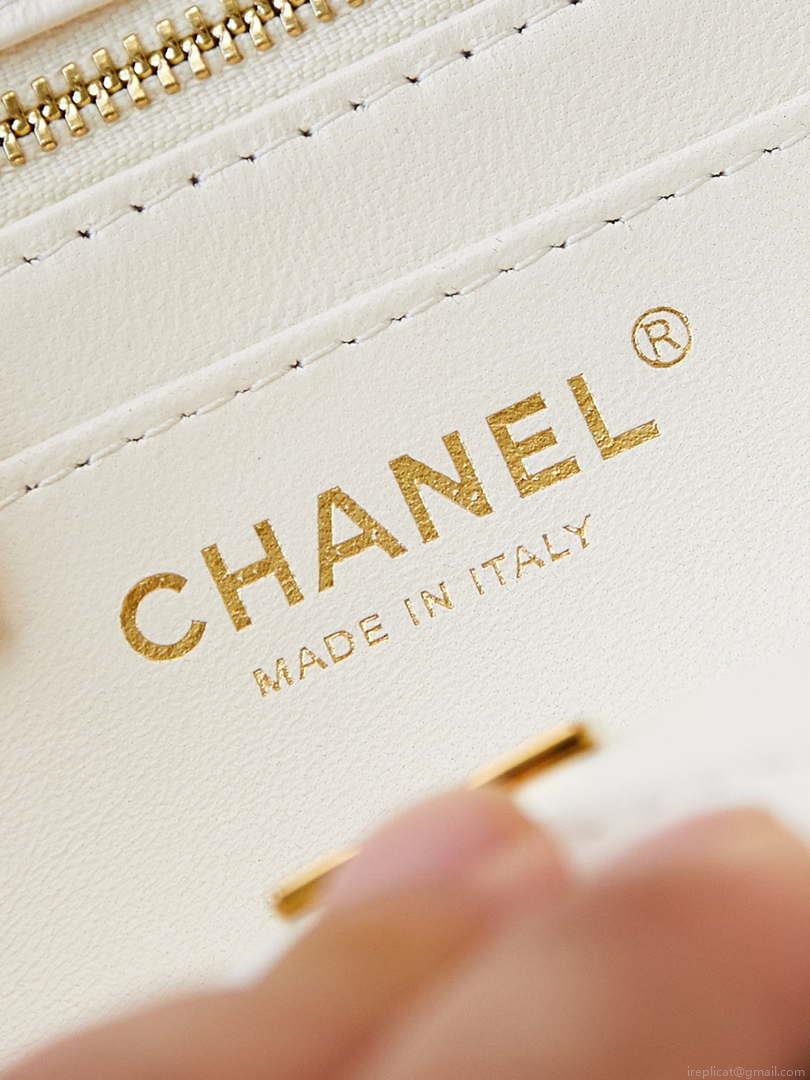 Chanel AS5001 Mini Flap Bag with top Handle Shiny Lambskin Imitation Pearls & Gold-Tone Metal White