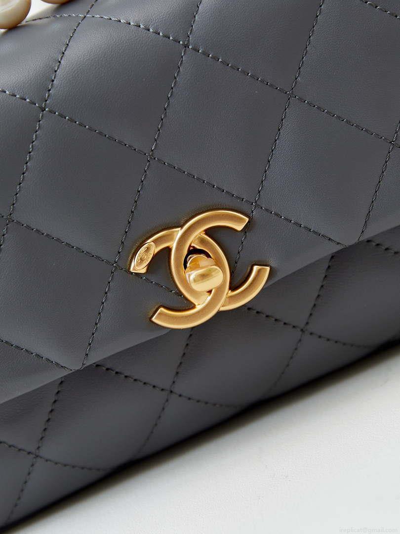 Chanel AS5001 Mini Flap Bag with top Handle Shiny Lambskin Imitation Pearls & Gold-Tone Metal Grey