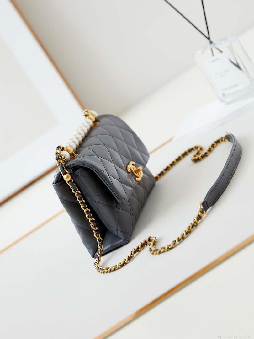 Chanel AS5001 Mini Flap Bag with top Handle Shiny Lambskin Imitation Pearls & Gold-Tone Metal Grey