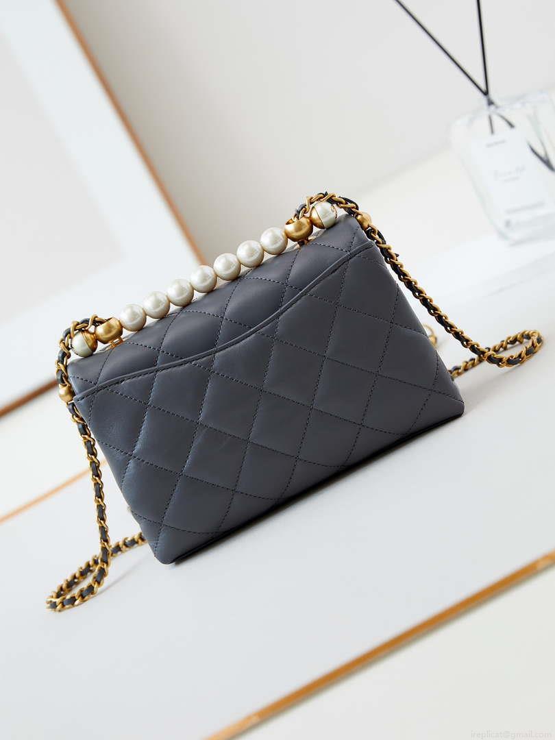 Chanel AS5001 Mini Flap Bag with top Handle Shiny Lambskin Imitation Pearls & Gold-Tone Metal Grey