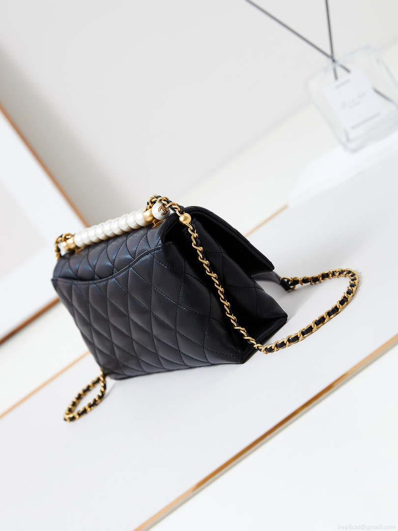 Chanel AS4997 Flap Bag with top Handle Shiny Lambskin Imitation Pearls & Gold-Tone Metal Black