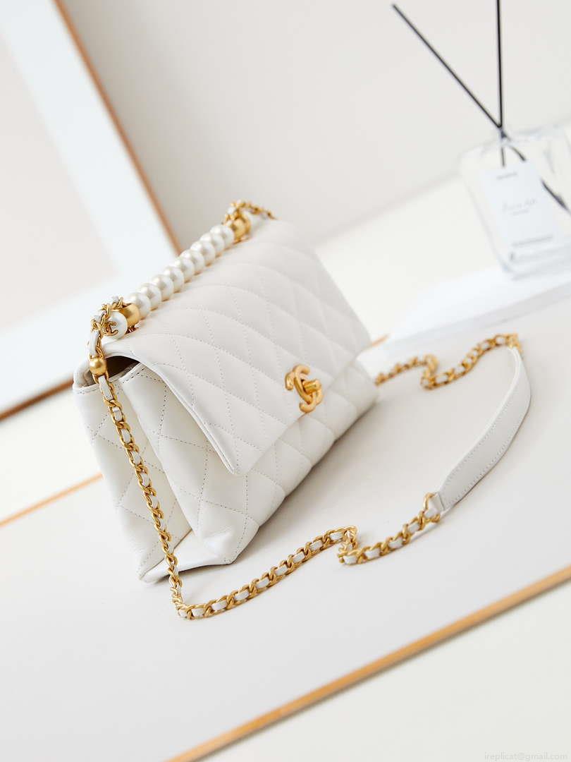Chanel AS4997 Flap Bag with top Handle Shiny Lambskin Imitation Pearls & Gold-Tone Metal White