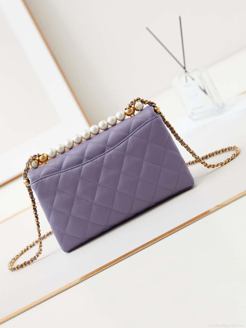 Chanel AS4997 Flap Bag with top Handle Shiny Lambskin Imitation Pearls & Gold-Tone Metal Purple