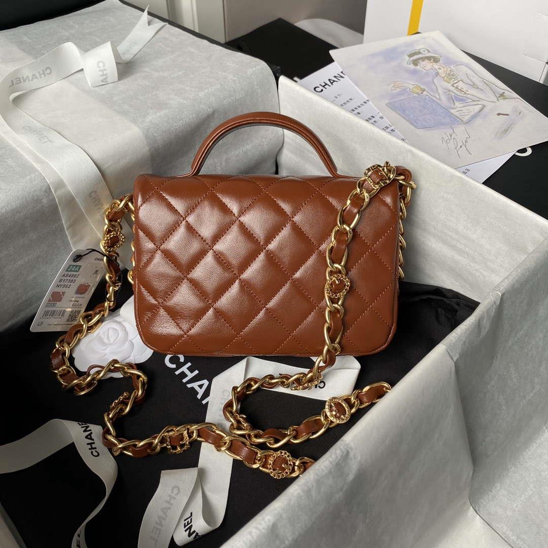 Chanel AS4992 Mini Flap Bag with Top Handle Shiny Lambskin & Gold-Tone Metal Brown
