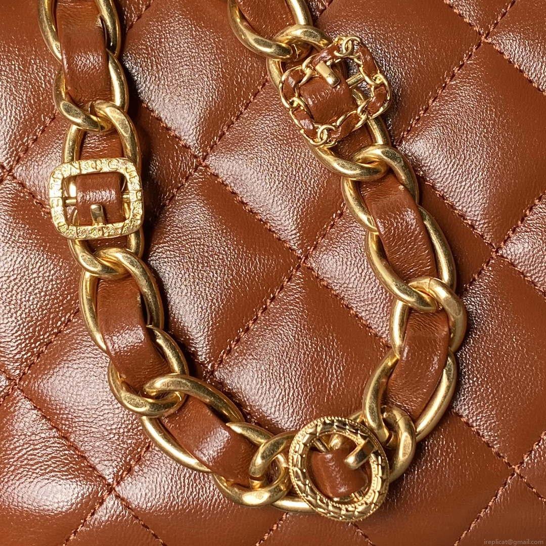 Chanel AS4992 Mini Flap Bag with Top Handle Shiny Lambskin & Gold-Tone Metal Brown