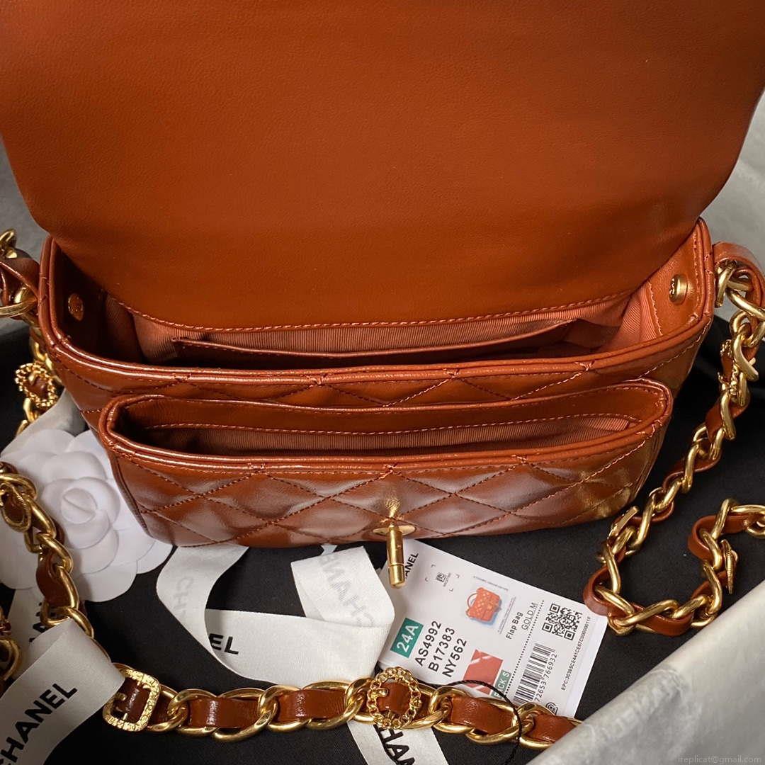 Chanel AS4992 Mini Flap Bag with Top Handle Shiny Lambskin & Gold-Tone Metal Brown