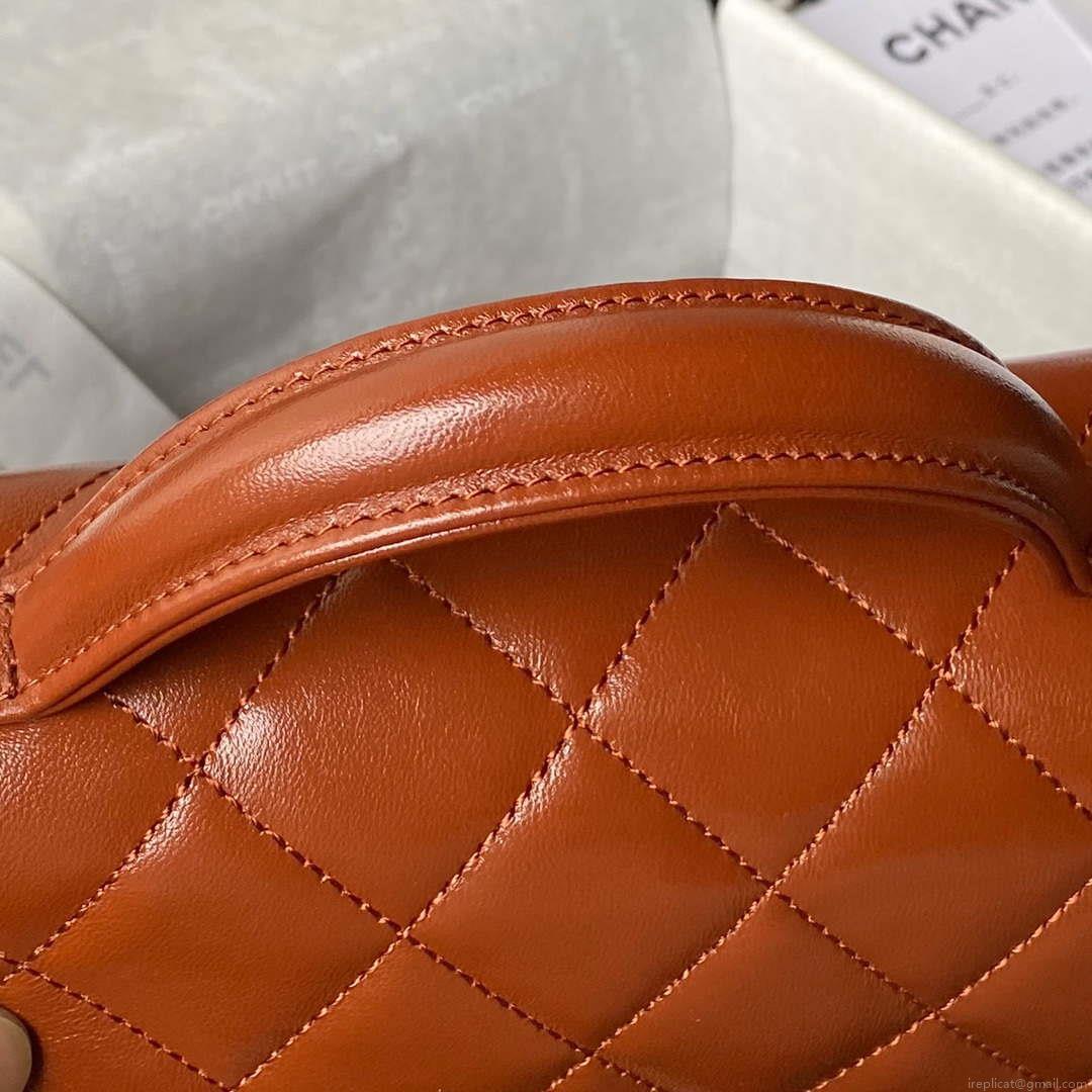 Chanel AS4992 Mini Flap Bag with Top Handle Shiny Lambskin & Gold-Tone Metal Brown