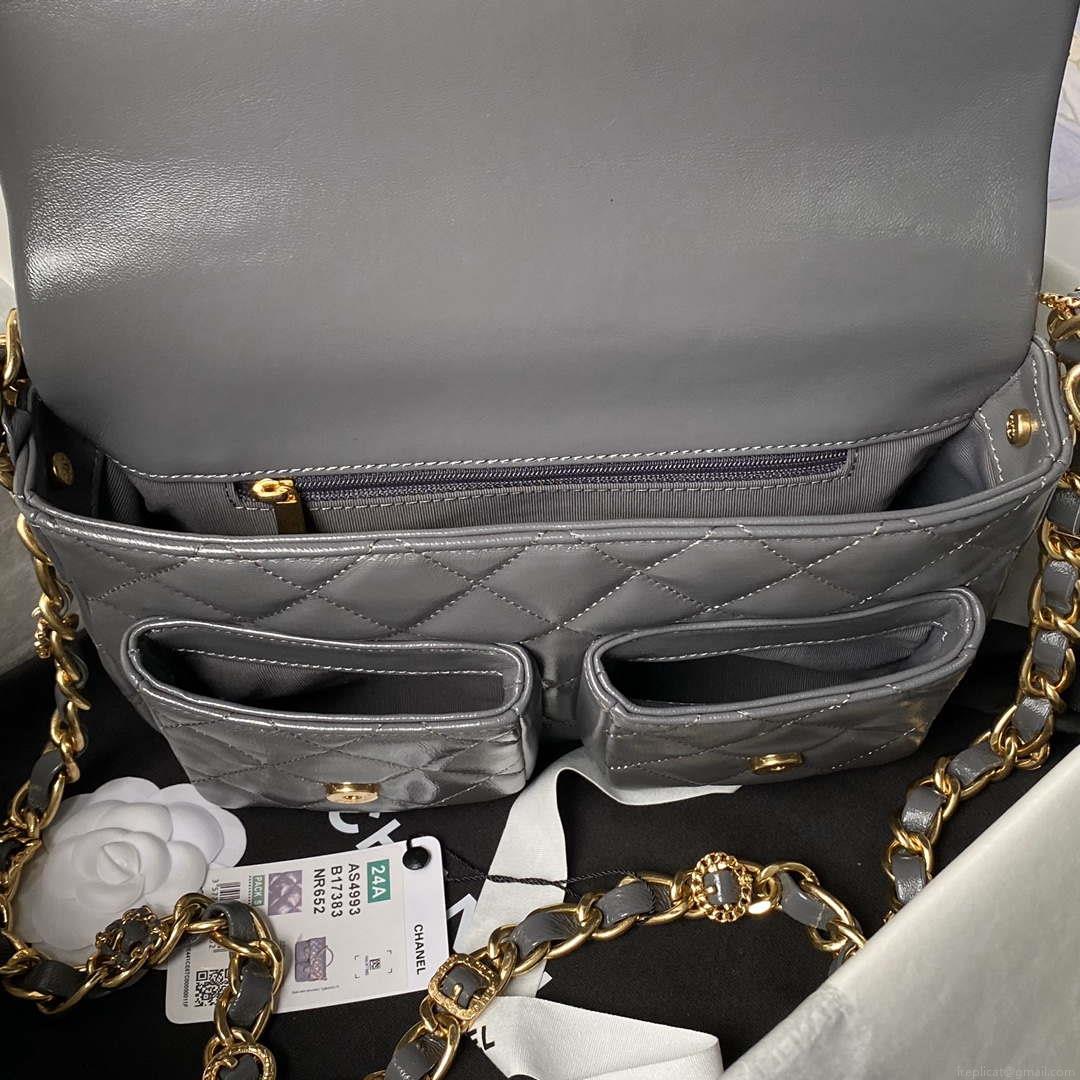 Chanel AS4993 Flap Bag with Top Handle Shiny Lambskin & Gold-Tone Metal Gray