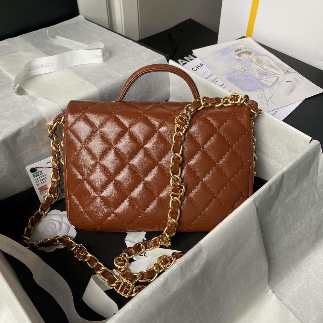 Chanel AS4993 Flap Bag with Top Handle Shiny Lambskin & Gold-Tone Metal Brown
