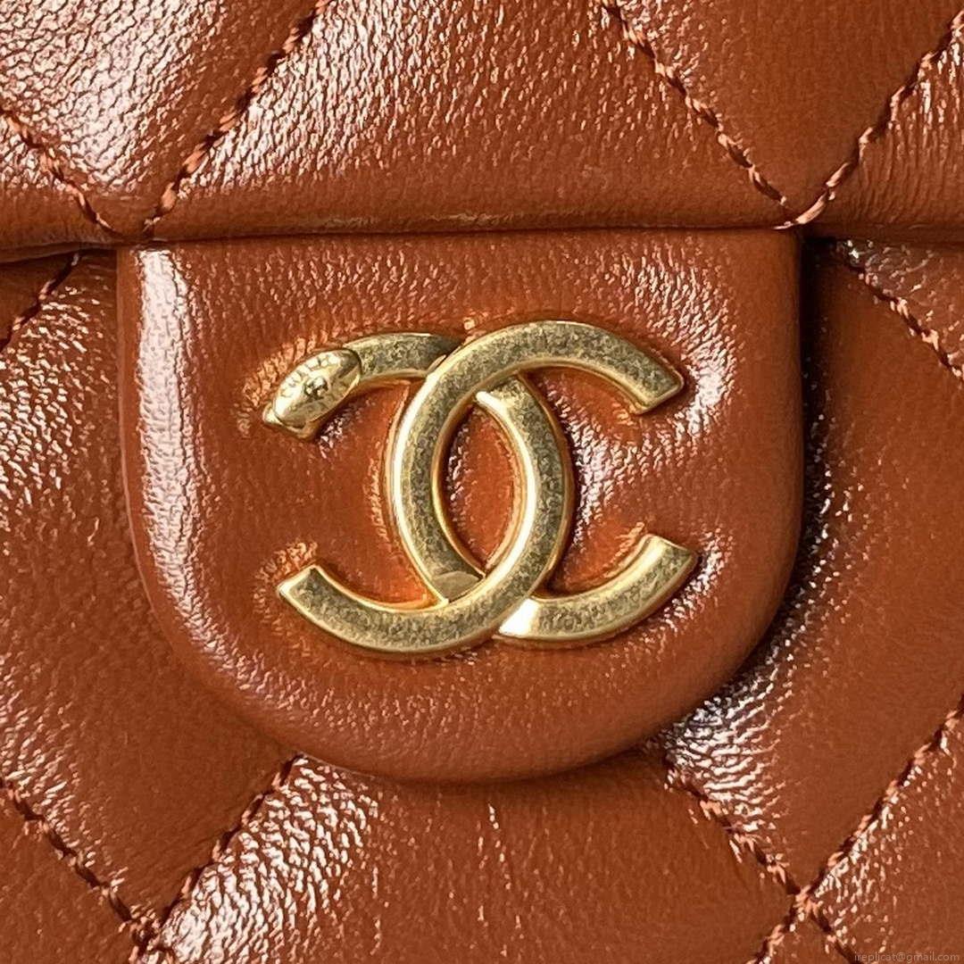 Chanel AS4993 Flap Bag with Top Handle Shiny Lambskin & Gold-Tone Metal Brown