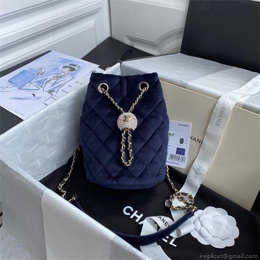 Chanel AS1894 Chanel Drawstring Bag Velvet Strass Navy Blue