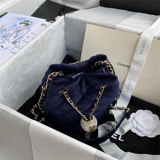 Chanel AS1894 Chanel Drawstring Bag Velvet Strass Navy Blue
