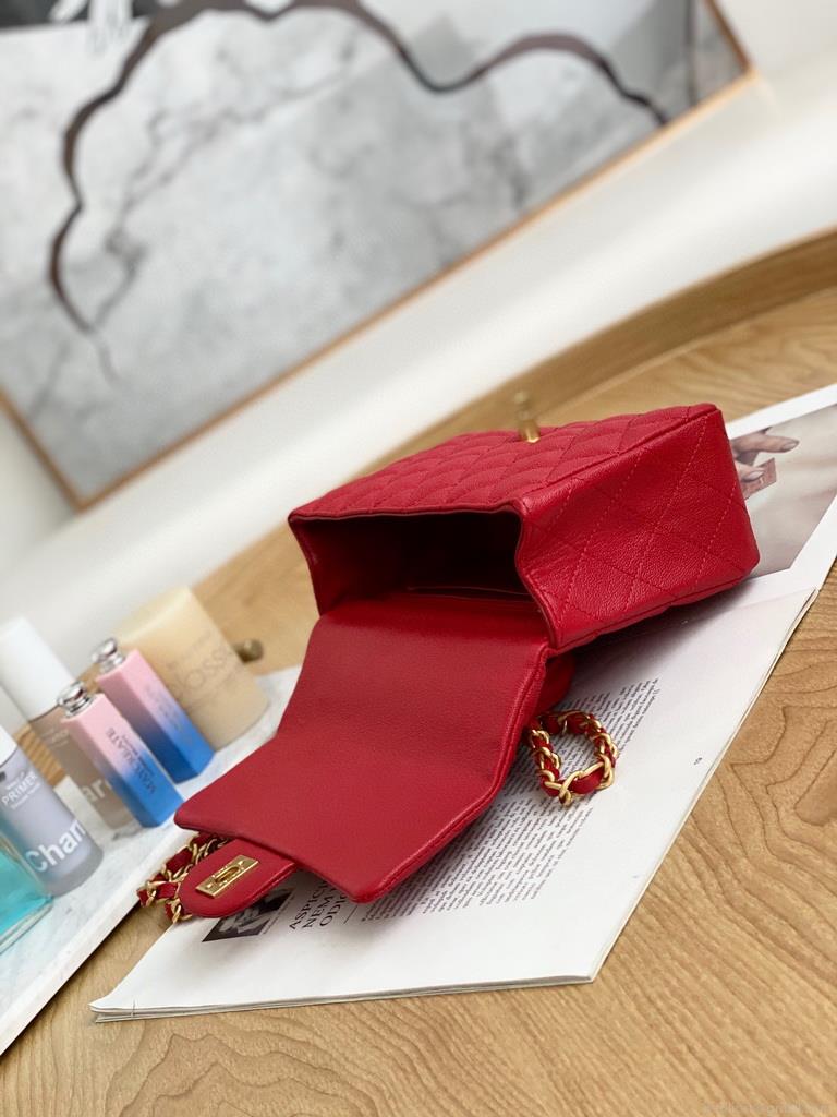 Chanel AS2431 Mini flap bag with top handle Calfskin Red