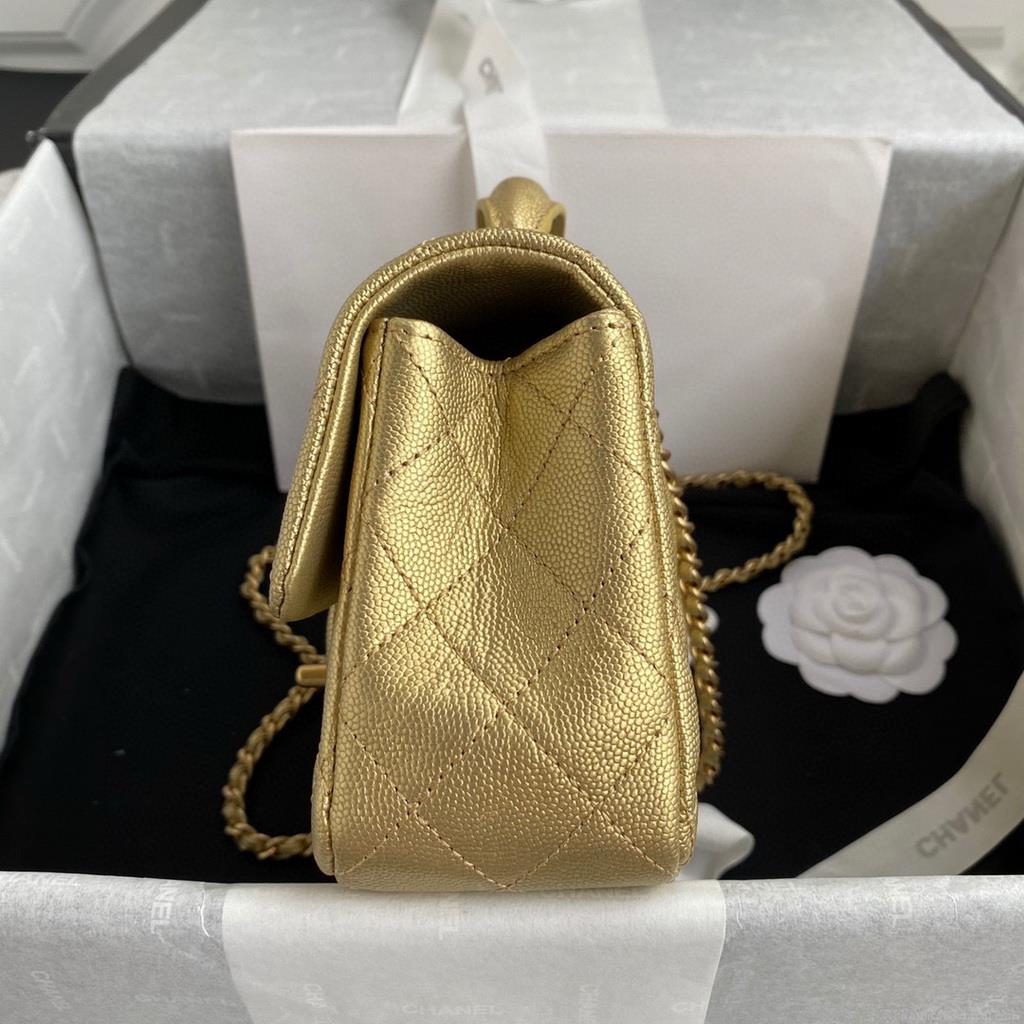 Chanel AS2431 Mini flap bag with top handle Calfskin Gold