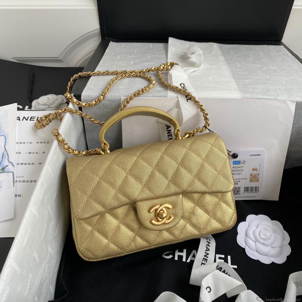 Chanel AS2431 Mini flap bag with top handle Calfskin Gold