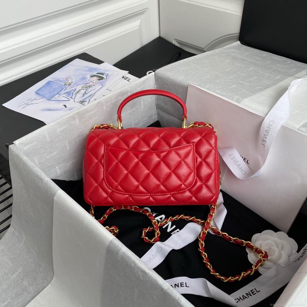 Chanel AS2431 Mini flap Lambskin bag with top handle Red