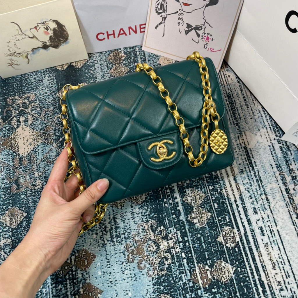 Chanel AS2693 Small Flap Bag Calfskin Gold Green