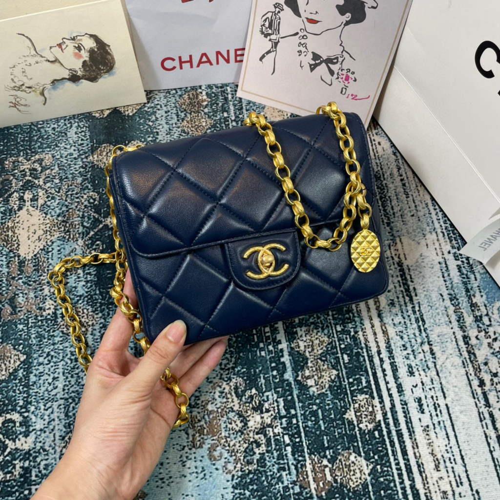 Chanel AS2693 Small Flap Bag Calfskin Gold Navy Blue