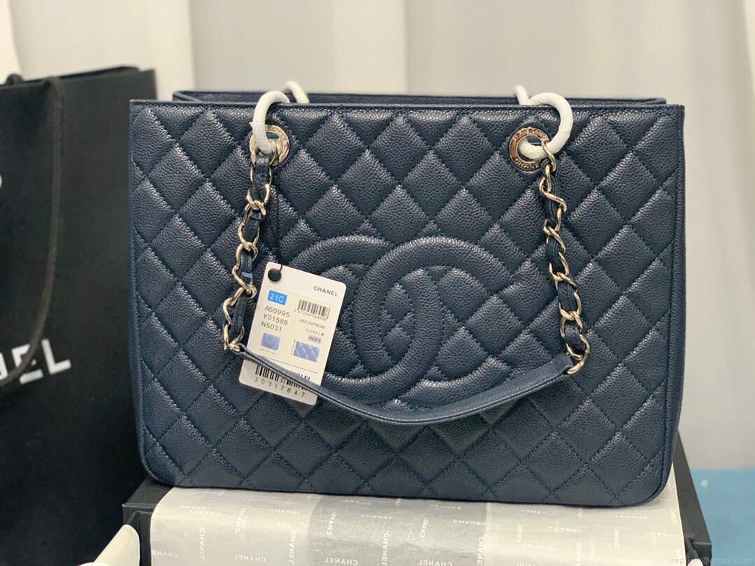 Chanel A50995 Matelasse GST Chain Tote bag caviar Calfskin leather Navy Blue Silver
