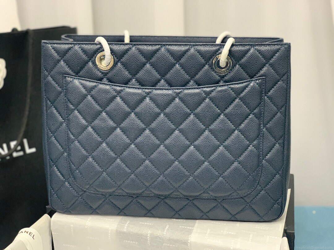 Chanel A50995 Matelasse GST Chain Tote bag caviar Calfskin leather Navy Blue Silver