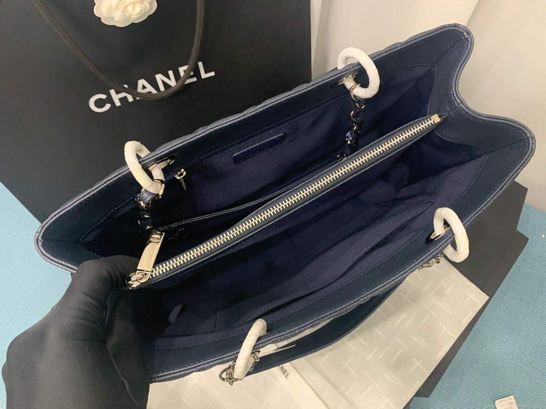 Chanel A50995 Matelasse GST Chain Tote bag caviar Calfskin leather Navy Blue Silver