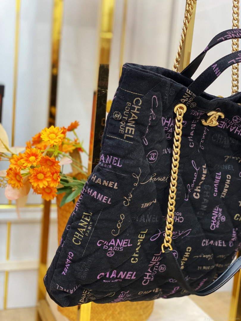 Chanel AS3128 Maxi Shopping Bag Printed Denim Black