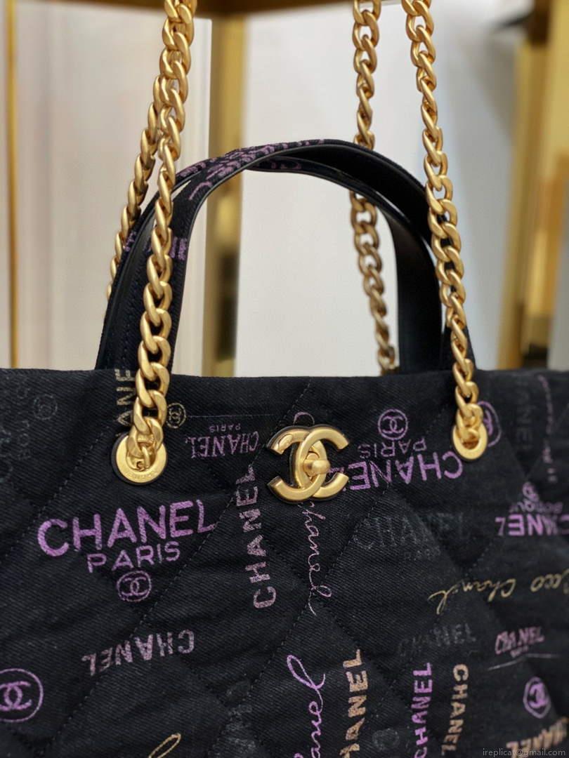 Chanel AS3128 Maxi Shopping Bag Printed Denim Black