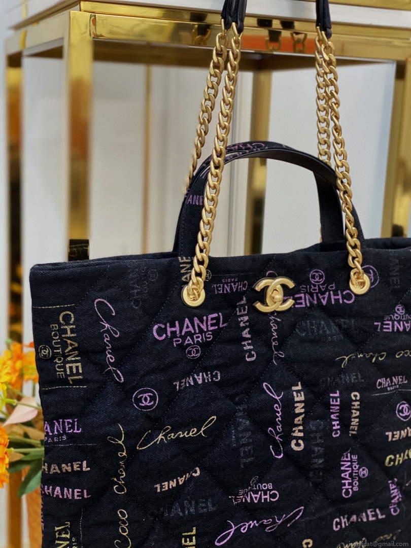 Chanel AS3128 Maxi Shopping Bag Printed Denim Black