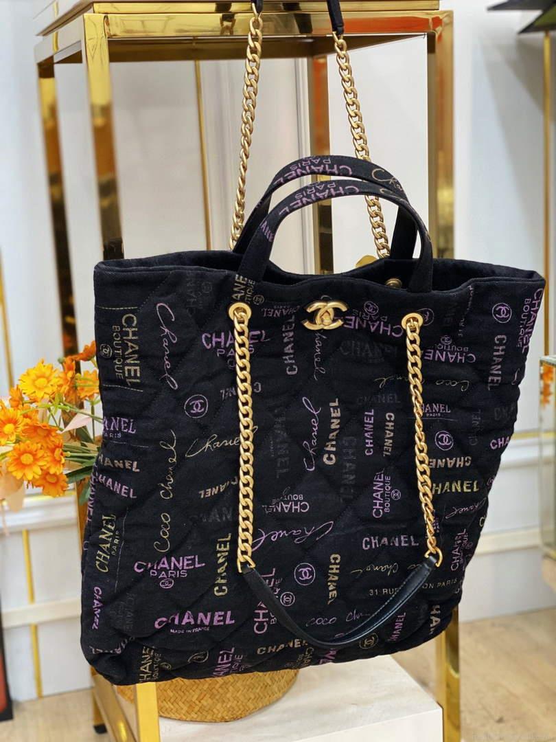 Chanel AS3128 Maxi Shopping Bag Printed Denim Black
