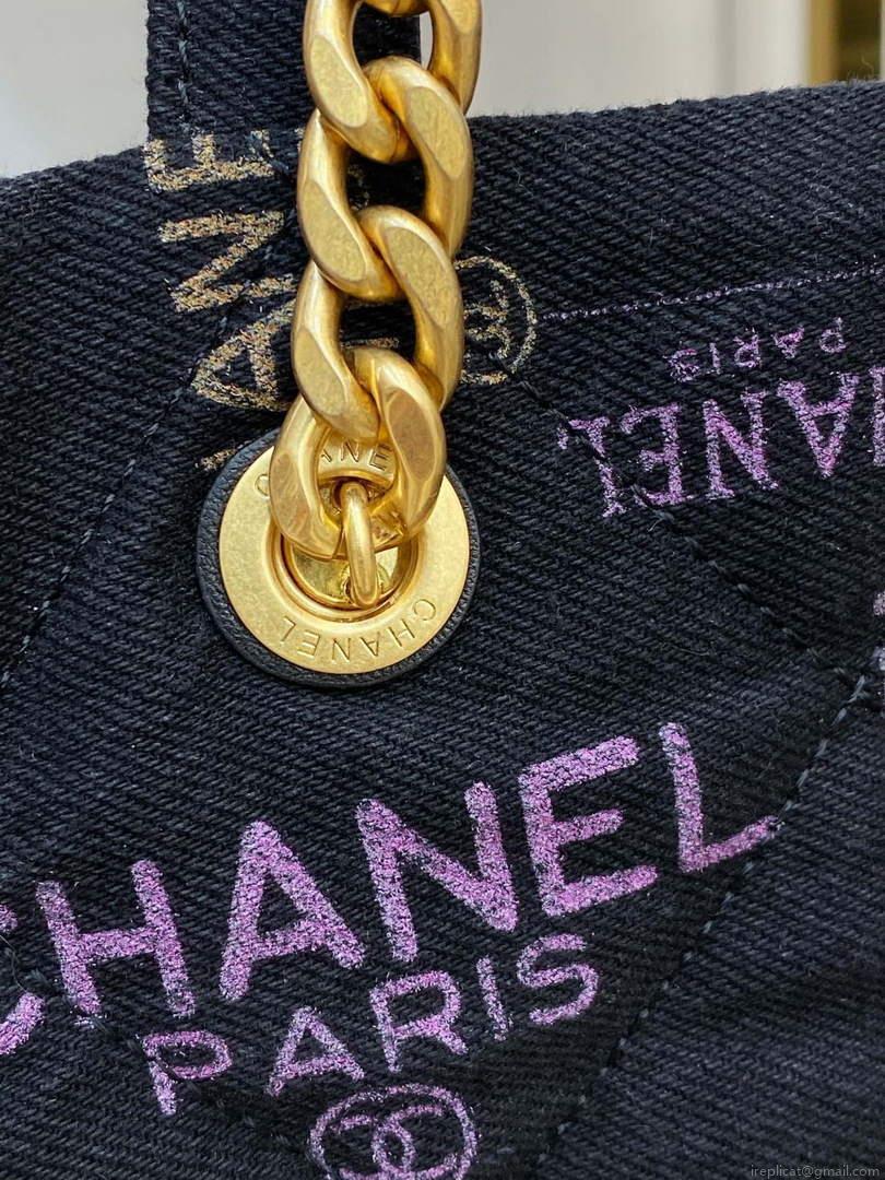 Chanel AS3128 Maxi Shopping Bag Printed Denim Black