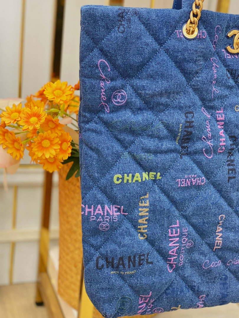 Chanel AS3128 Maxi Shopping Bag Printed Denim Blue