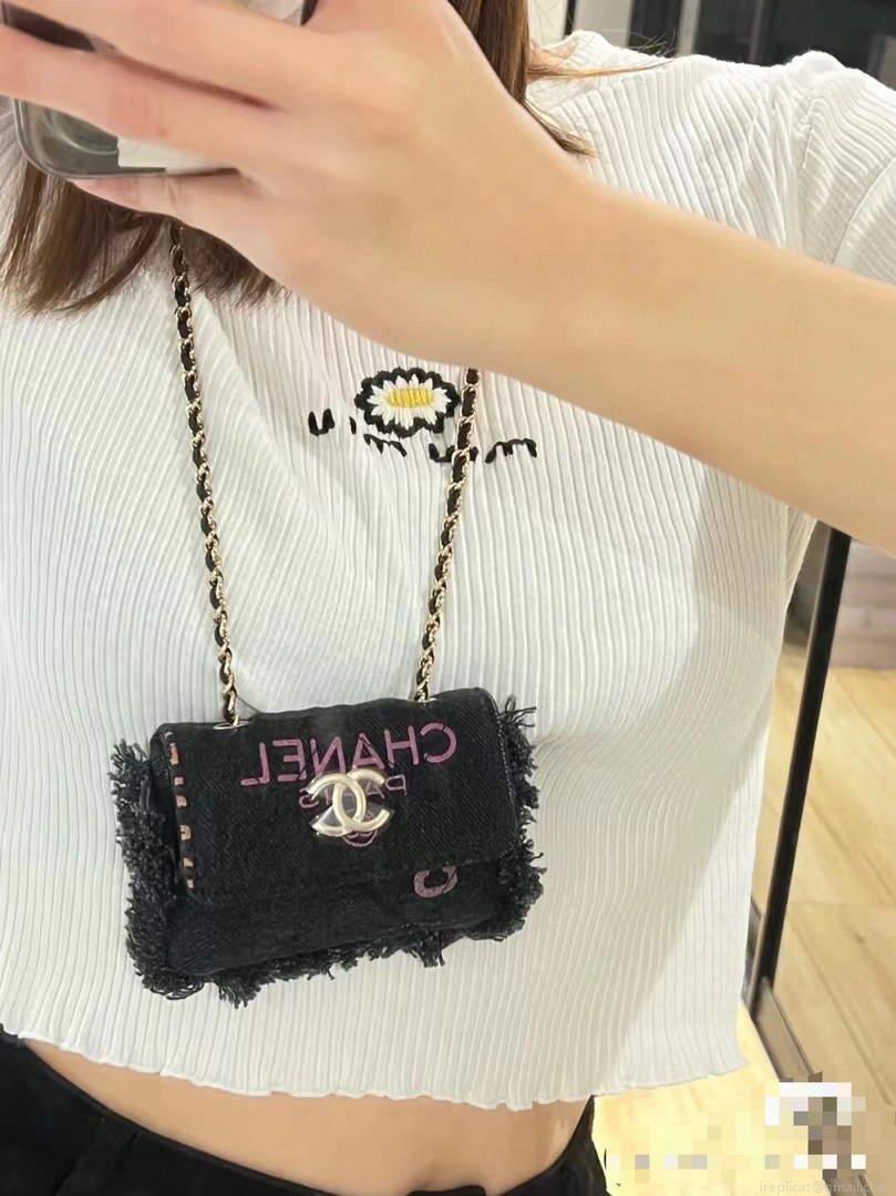 Chanel AP2623 Belt bag printed Denim gold Black