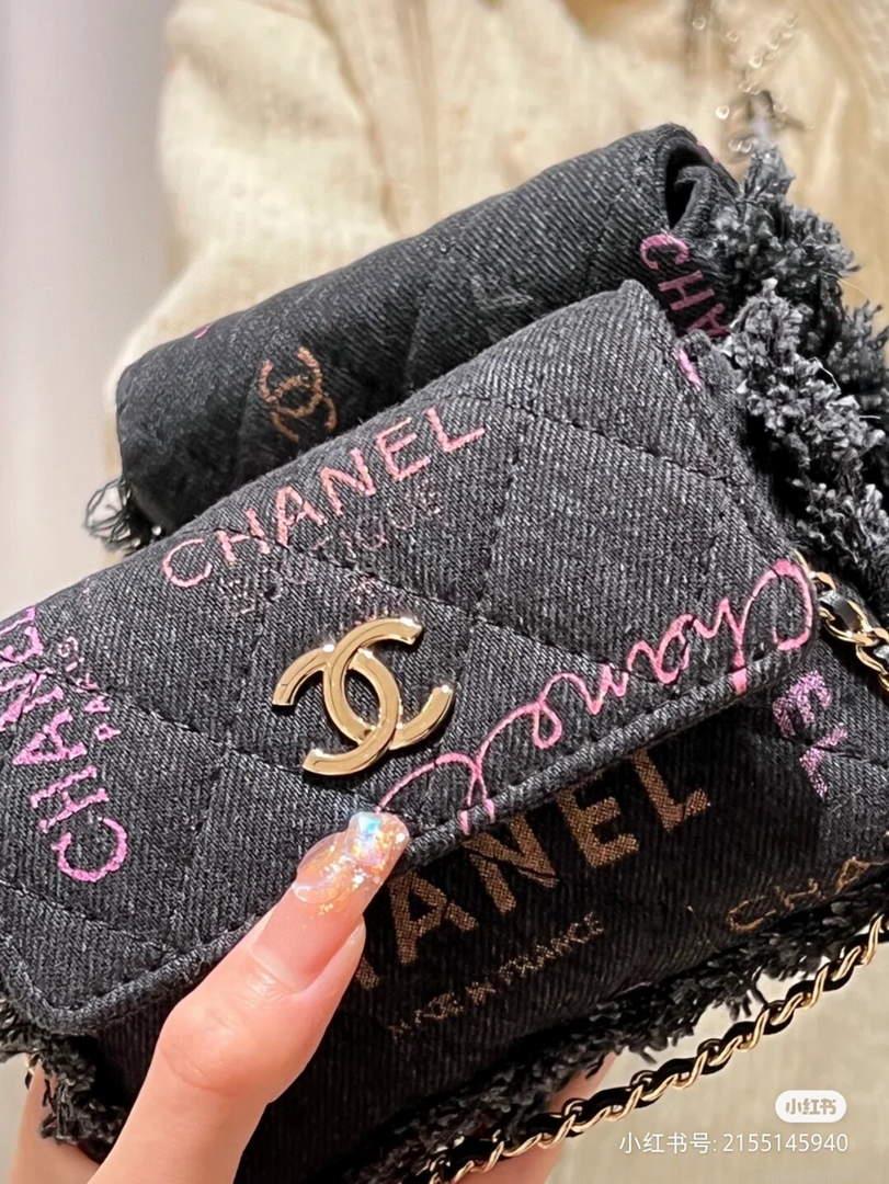 Chanel AP2623 Belt bag printed Denim gold Black