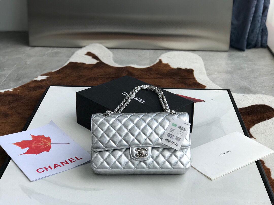 Chanel A01112 Flap Handbag Classic Bag Lambskin Silver