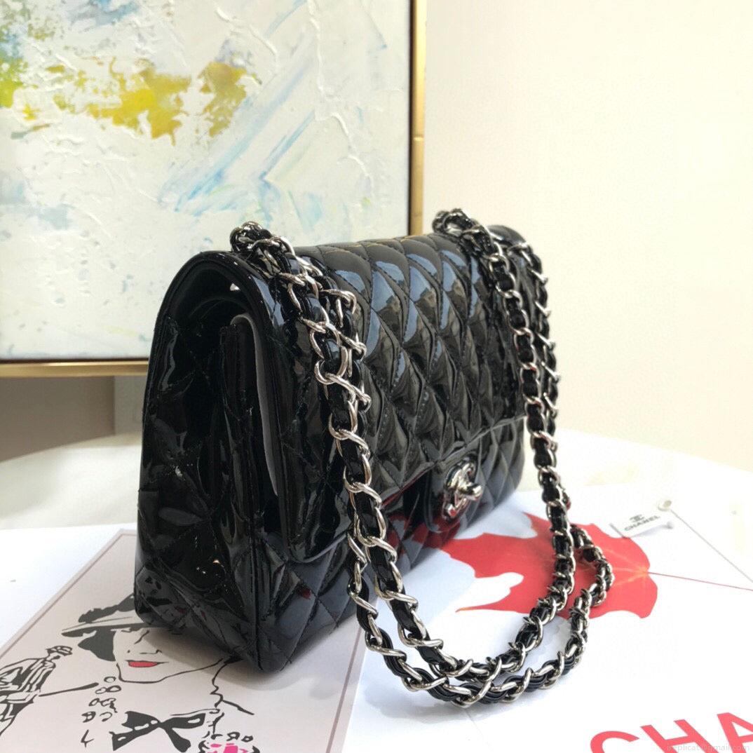 Chanel A01112 Flap Handbag Classic Bag Patent leather Lambskin Black Silvery