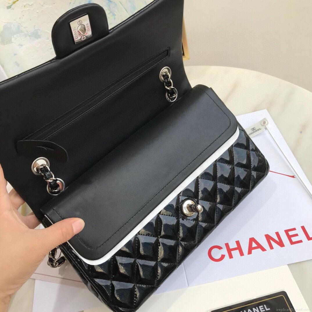 Chanel A01112 Flap Handbag Classic Bag Patent leather Lambskin Black Silvery
