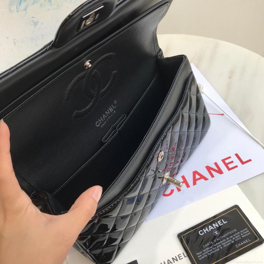 Chanel A01112 Flap Handbag Classic Bag Patent leather Lambskin Black Silvery