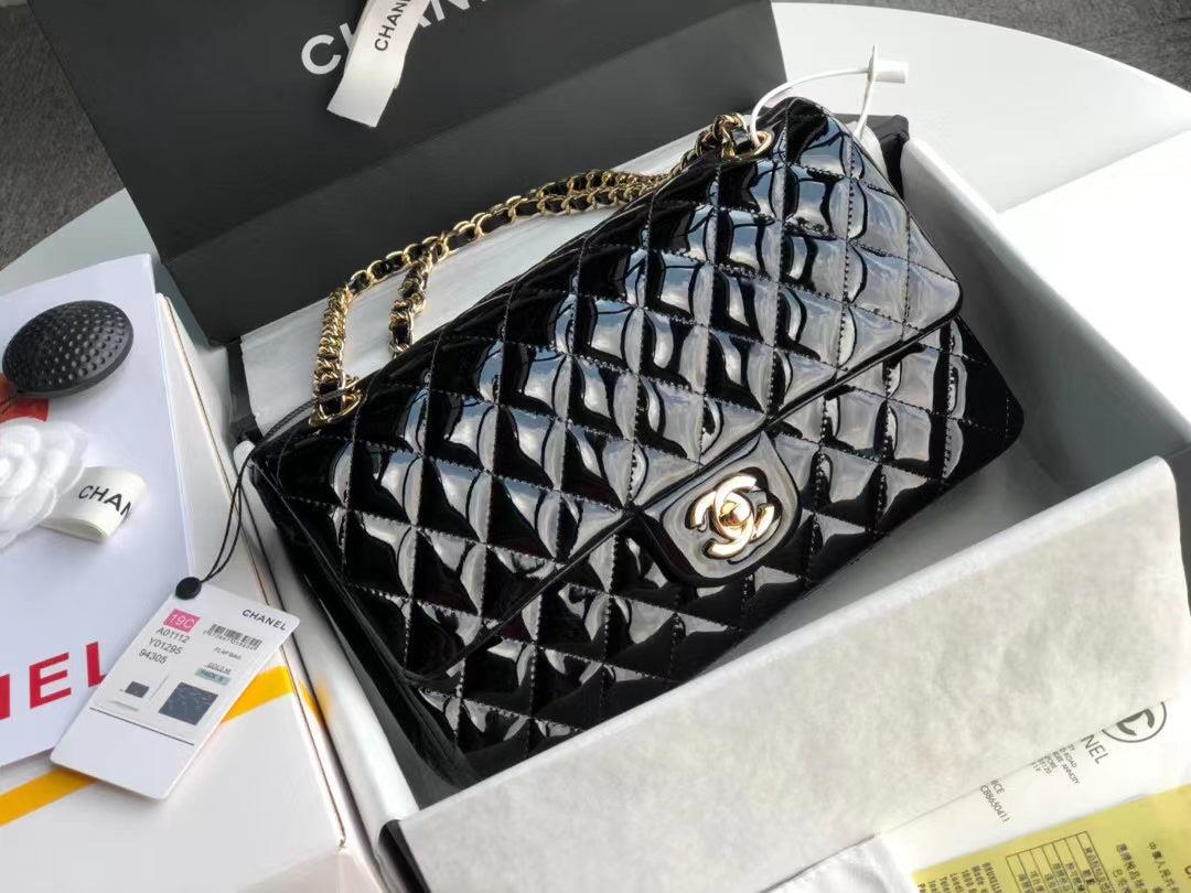 Chanel A01112 Flap Handbag Classic Bag Patent leather Lambskin Black Gold