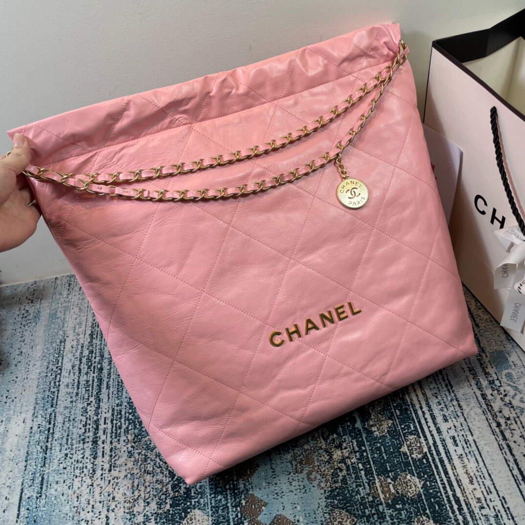CHANEL 22 Large Handbag Shiny Calfskin Gold AS3262 Light Pink
