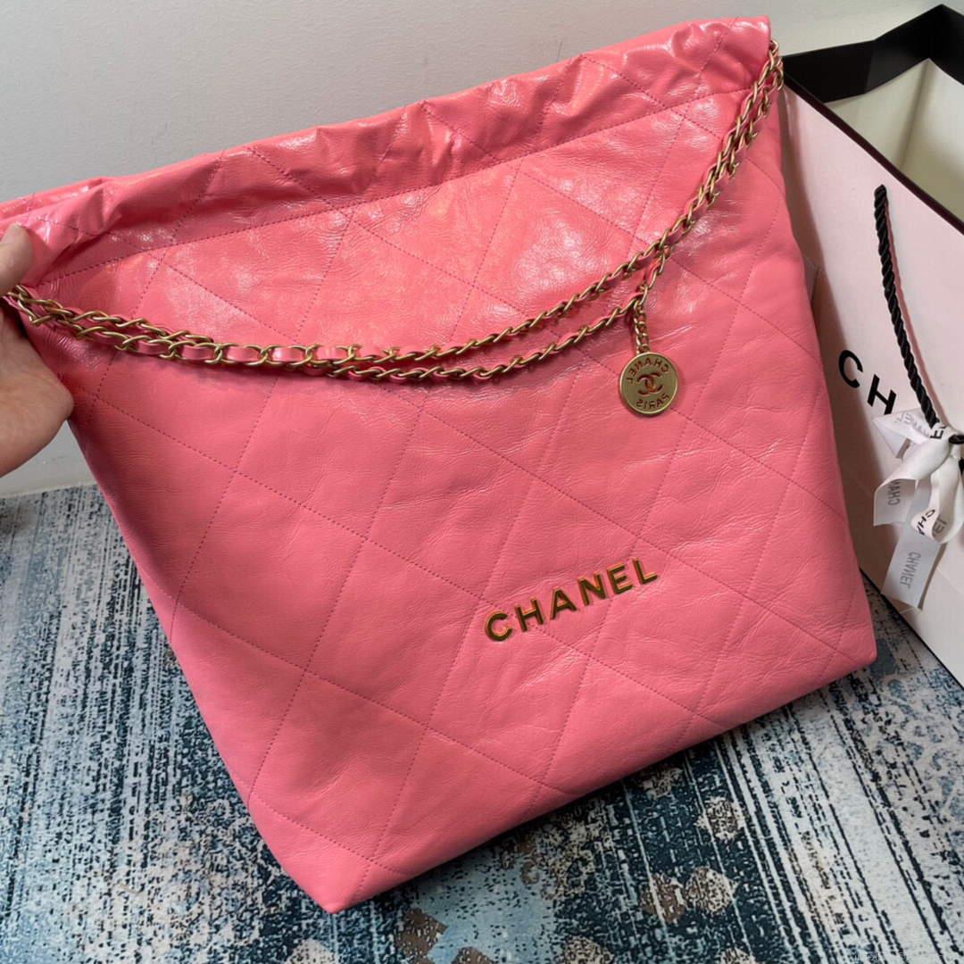 CHANEL AS3262 22 Large Handbag Shiny Calfskin Gold Pink