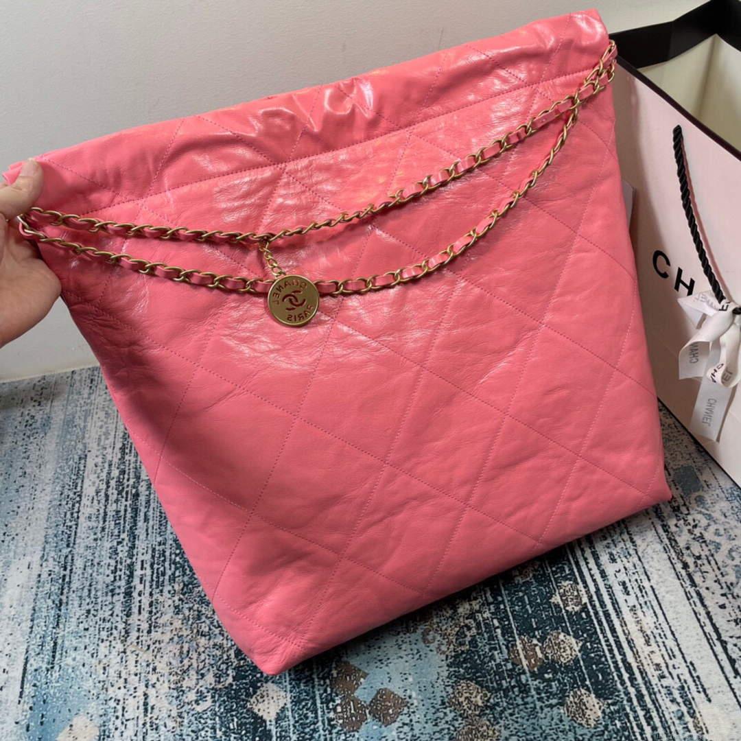 CHANEL AS3262 22 Large Handbag Shiny Calfskin Gold Pink