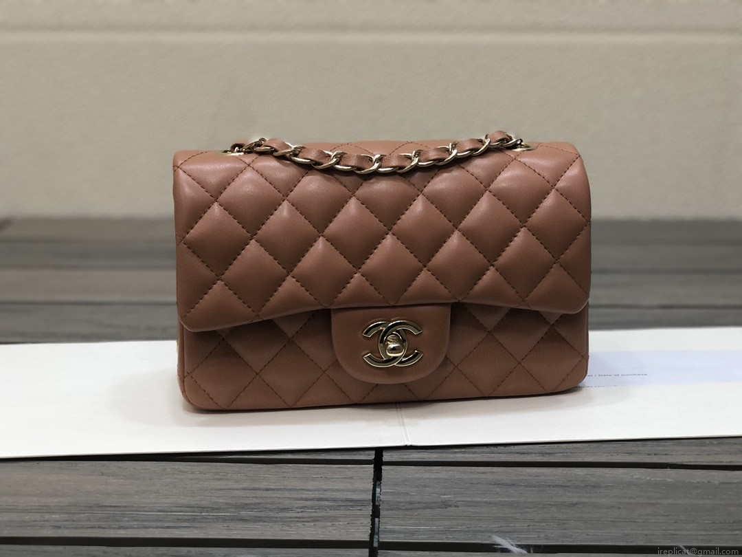 Chanel A01112 Flap Handbag Classic bag Lambskin Brown Shiny Gold