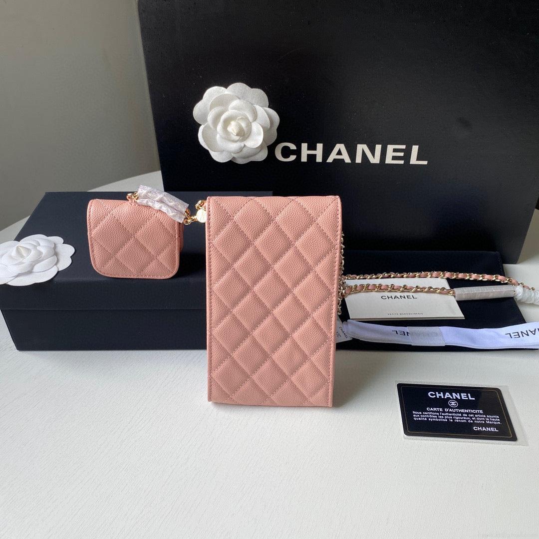 Chanel Phone Airpods Pro Case with Chain Grained Shiny Pink AP2742